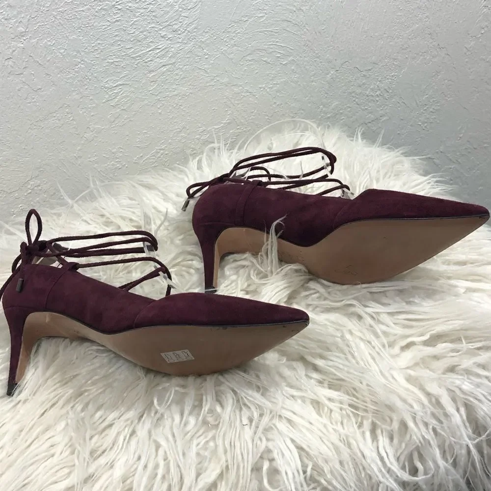 PURA‎ LOPEZ -MAROON ANKLE TIE SUEDE PUMPS HEELS S4